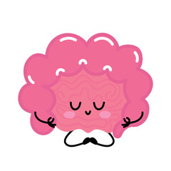 Pink intestine sitting calmly with eyes closed and hands together. A soothing, mindful health character.