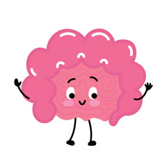 Friendly pink intestine character waving. Kid-friendly medical/education artwork for health, nutrition, and wellness uses.