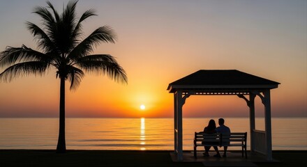 silhouette of couple seated in gazebo beside palm tree, watching sunset over ocean. peaceful coastal scenery, tranquility and romance. travel, romantic getaway, summer vacation, greeting card, poster
