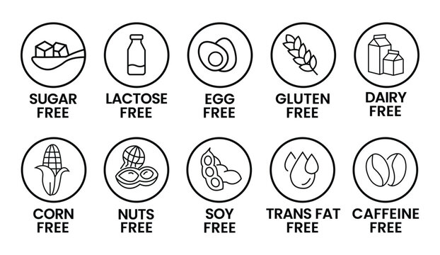 Set allergen free icons. Allergen free label products. Free lactose, gluten, sugar, corn, egg, trans fat, dairy, soy, nuts, caffeine, symbol, logo, badge, black, vector, isolated on white background. 