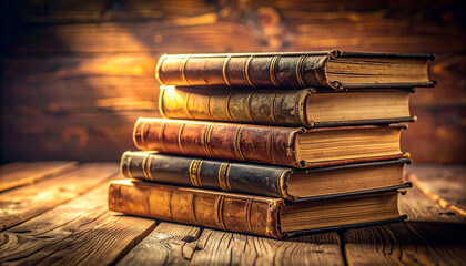 Pile of hardcover books stacked on wooden table. Macro textures on old covers and pages. Education