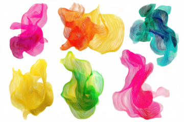 Abstract neon ink flow brush shape transparent PNG set bundle isolated background. Vibrant, vivid, colorful art shapes, bright pink, yellow, green swirl texture design