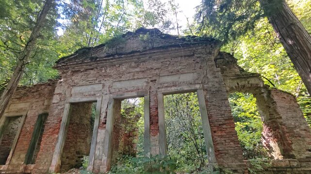 Ruins of the Modry dum (Blue House), a historical structure in the scenic NoveHrady castle park, surrounded by nature and cultural heritage.