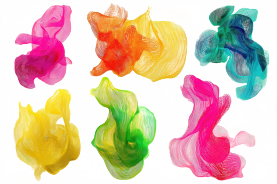 Abstract neon ink flow brush shape transparent PNG set bundle isolated background. Vibrant, vivid, colorful art shapes, bright pink, yellow, green swirl texture design