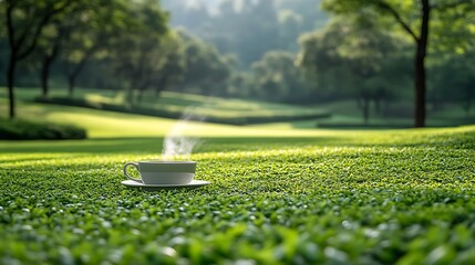 A steaming white cup of tea sits on a grassy knoll, bathed in morning light, with a lush, blurred park backdrop