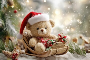 Festive bear on sleigh with snowflakes and christmas decorations