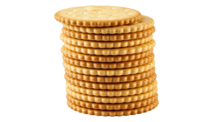 Isolated stack of golden brown crackers ready to eat, baked snack biscuits, appetizing and yummy