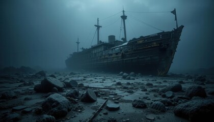 Sunken Ship lies on the Seabed with a Palid Flare illuminating the Scene, A Silent Reminder of Lost Souls   Underwater mysteries.
