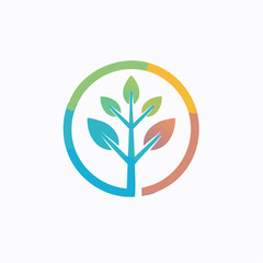 Abstract botanical illustration featuring a colorful tree design within a circular frame element