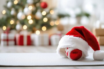 Fototapeta premium Santa hat on yoga mat with christmas tree background and warm holiday lights