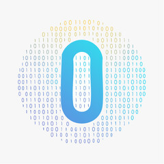Abstract digital depiction of the number zero formed by binary code and vibrant gradients