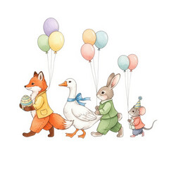 Obraz premium Charming Animal Parade Illustration Featuring a Fox, Goose, Rabbit, and Mouse Carrying Balloons, Perfect for Children's Decor and Whimsical Designs, Isolated on White
