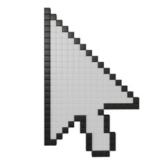 Obraz premium 3D render pixelated computer mouse cursor arrow icon. Digital pointer symbol for technology, internet navigation, web design, software, and online interface concepts.