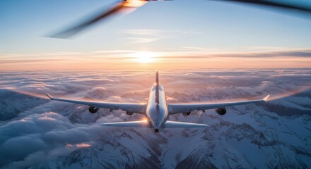 Commercial Airplane Flying Over Snowy Mountain Range at Sunset During Clear Sky