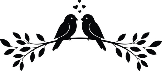 love, birds, branch, heart, leaf, silhouette, vector, black, white, romance, couple, nature, perched, animal, wildlife, decorative, design, affection, symbol, art