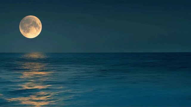 The moon over the calm sea at dusk creates a mesmerizing trail of light on the water, an atmosphere of peace and mystery. Suitable for meditative applications, book covers about nature, backgrounds fo