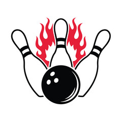 Bowling ball and pins with flames, sports graphic