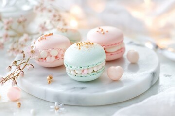 Fototapeta premium Creative pastel macarons shaped like skulls, decorated with delicate flowers