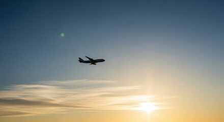 Airplane Flying Over Sunset Sky During Golden Hour