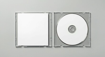 blank dvd case, Open clear plastic CD jewel case with blank white disc and insert for branding. Mock-up of compact disc packaging on soft gray background. Represents digital storage, music or software
