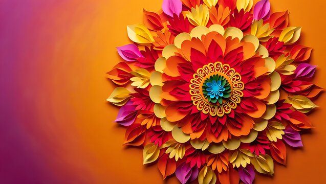 Colorful paper flower mandala on vibrant orange background