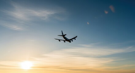 Airplane Flying in Bright Sunset Sky Over Clear Blue Atmosphere