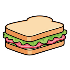A clean and simple cartoon vector illustration of a classic sandwich with bread, lettuce, and ham, perfect for food, lunch, and snack concepts.