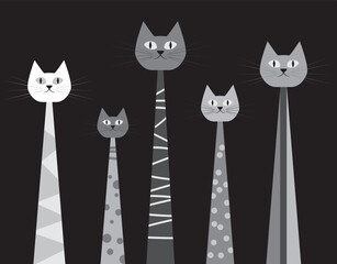Graphic cartoon cats set on black background. Vector illustration.