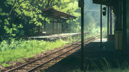 Serene Anime Style Train Station Platform Surrounded by Lush Greenery, Featuring Railway Tracks, a Covered Waiting Area, and a Tranquil, Dreamlike Atmosphere, Evoking a Sense of Nostalgia