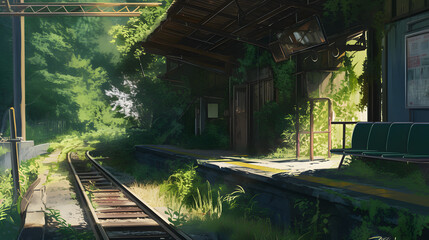 Overgrown Abandoned Train Station Platform with Lush Greenery, Illustrative Style, Depicting Nature Reclaiming Urban Space, Evoking a Sense of Decay and Serenity, Featuring Railway Tracks and Vintage