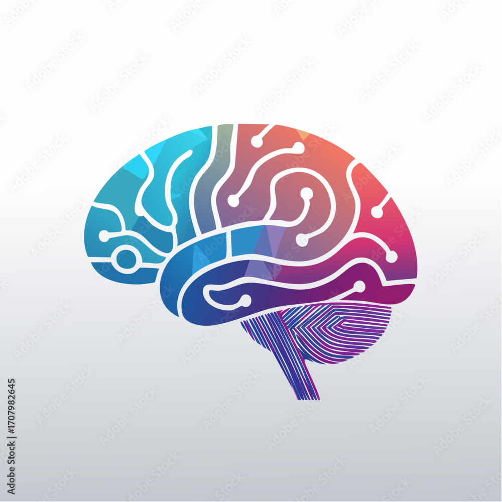 Poster artistic representation of a brain with colorful geometric shapes and a digital circuit