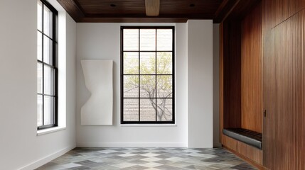 A minimalist room features a large grid window showcasing a tree and red brick building, white walls with paneling,