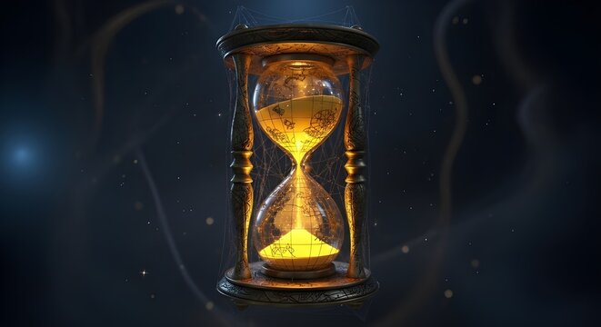 An old wooden hourglass with sand passing through the glass instrument on a black background, a retro countdown timer