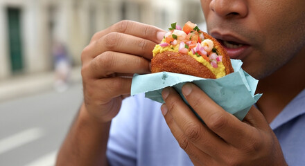 Delicious Acarajé street food snack with fresh toppings being enjoyed outdoors during a sunny day