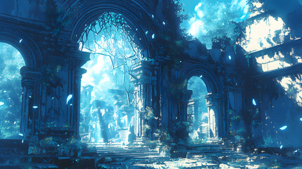 Mystical Ruins with Arches and Glowing Light: A Fantasy Landscape of Ancient Architecture, Overgrown with Vegetation, Bathed in Soft Blue Tones, Evoking a Sense of Wonder and Exploration, Perfect for