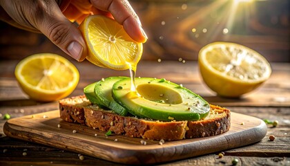 Avocado toast with lemon juice healthy breakfast food photography