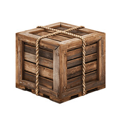 Wooden crate with rope binding isolated on transparent background