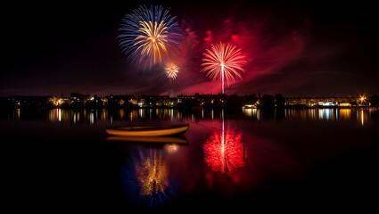 Fireworks explode over water reflecting city lights night
