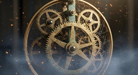 Fototapeta premium Close-up macro of an old rusty mechanical clockwork watch with metal gears and a vintage industrial mechanism detail