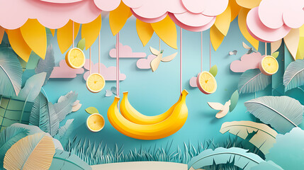 Naklejka premium A surreal summer jungle scene created in a vibrant papercraft style, featuring a bunch of yellow bananas swinging from fluffy clouds amidst hanging citrus slices