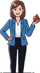 A stylized pixel art illustration of a confident businesswoman in a blue blazer, holding a red apple. She exudes professionalism and intelligence, suggesting themes of knowledge, health, and success.
