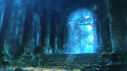 Mystical Ruins with Glowing Portal: Fantasy Landscape with Ancient Stone Architecture, Forest, and Magical Light, Creating a Dreamlike and Enchanting Atmosphere, Perfect for Fantasy 
