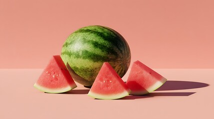 Freshly cut triangular slices of juicy red watermelon next to a whole one against a solid pastel pink studio backdrop