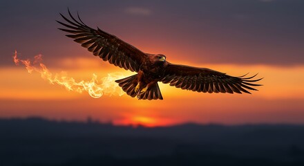 Naklejka premium Phoenix bird soaring in sunset sky