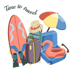 Vector postcard with travel items. Suitcases and beach umbrella, surfboard and diving fins.