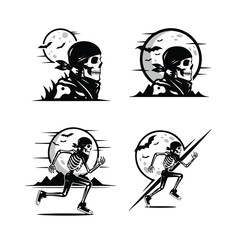 Fototapeta premium Four black and white skeleton illustrations with a moon background.