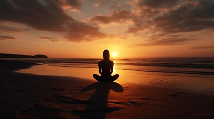 Silhouette of woman meditating at sunset beach