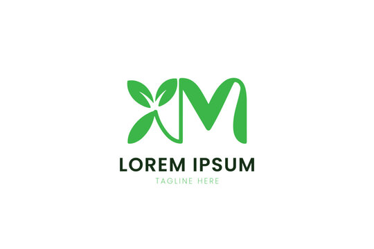 Minimalist green logo design featuring xm with leaf accents and lorem ipsum placeholder