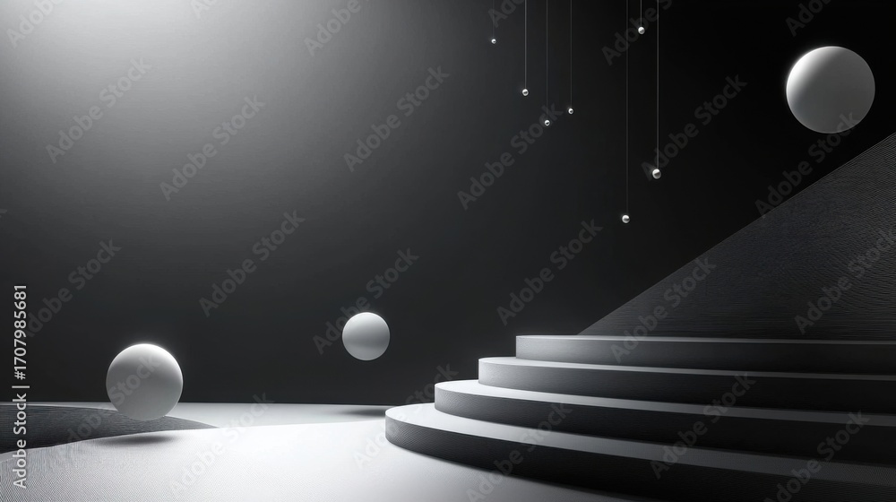 Aufkleber abstract minimalist design with spherical objects suspended by thin lines against a dark background,