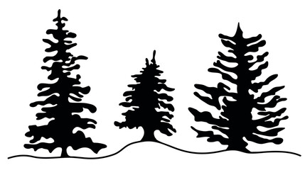silhouette of forest winter trees. Evergreen coniferous nature. Pine, spruce, tree in the style of one line. holiday elements isolated on a white background. for print, postcard, banner. vector art   © dezignstock